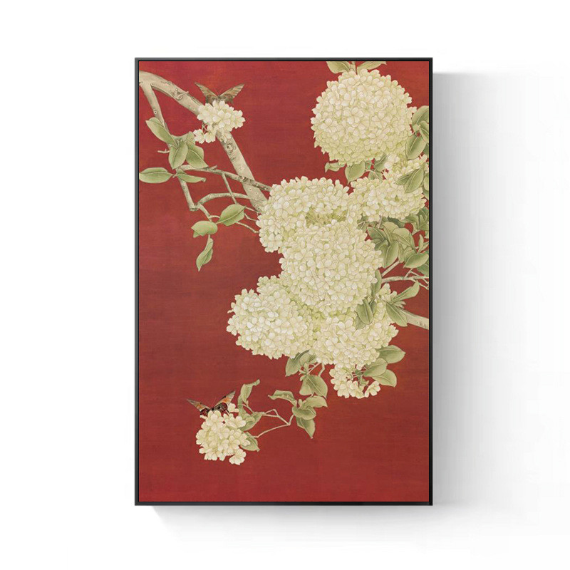 新中式客厅装饰画中国风花鸟绣球花红色玄关餐厅沙发画背景墙壁画