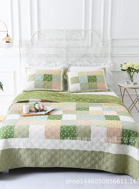 外贸韩式田园风格衍缝被手工拼布绿色床盖空调被多个尺寸套件