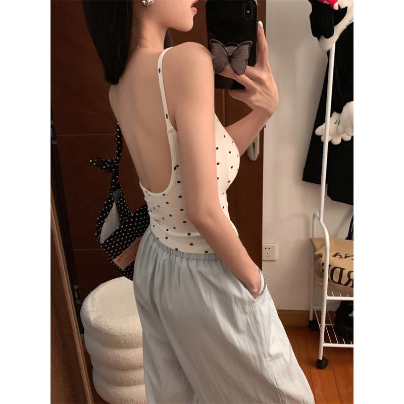 新品港风辣妹大露背波点吊带背心带胸垫女设计感小众外穿美背文胸