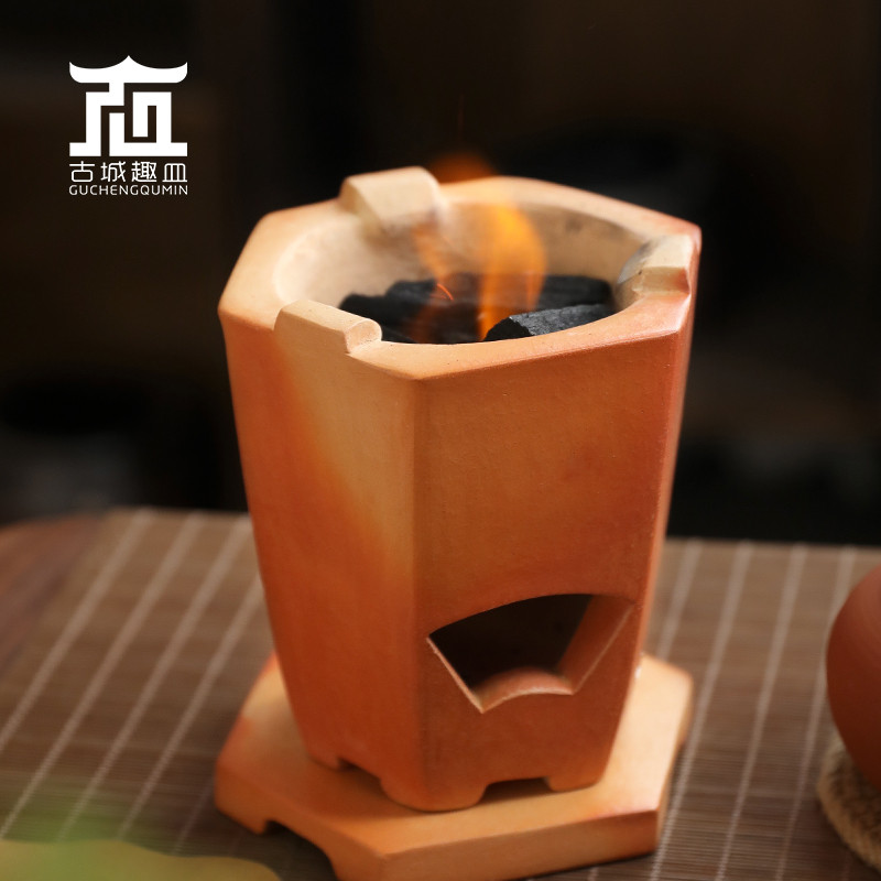 小号传统茶道红泥六角果木炭明火炉温煮茶烧水围炉煮茶烧烤户外炉