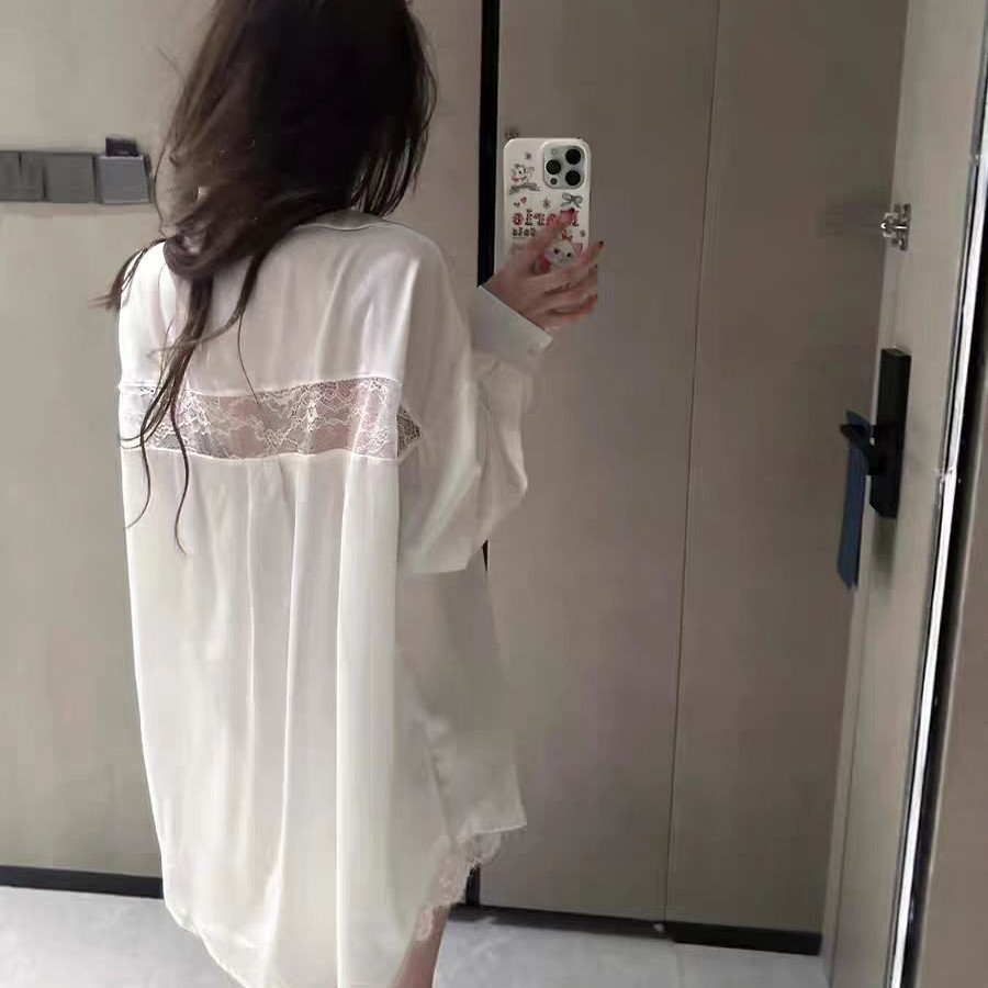 新品性感睡衣女冰丝衬衫裙蕾丝男友风ins白色纯欲2025新款宽松家