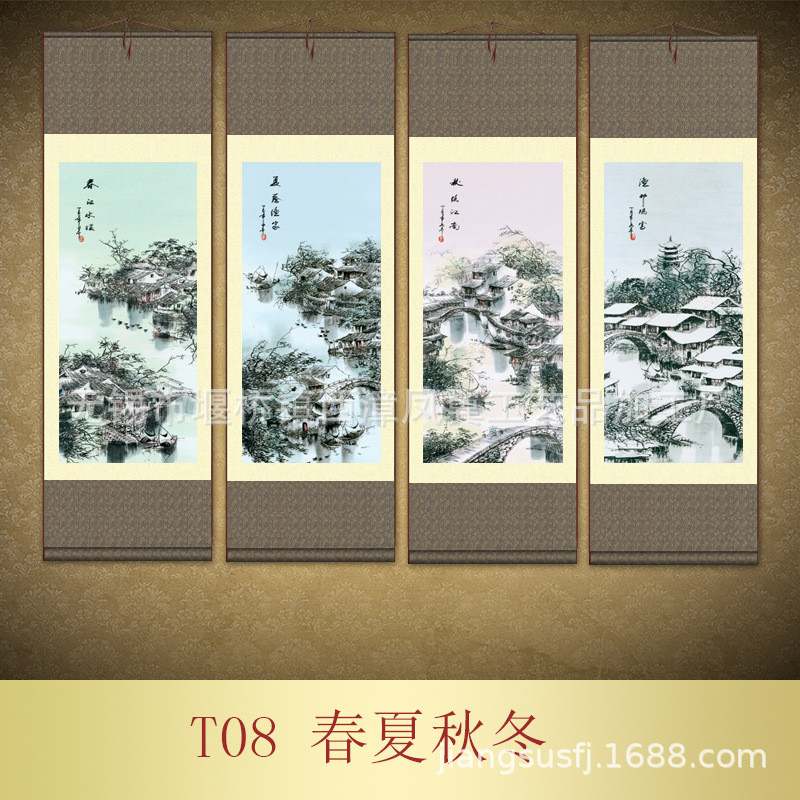 家居装饰工笔四条屏江南水乡春夏秋冬成套画卷轴丝绸国画t08
