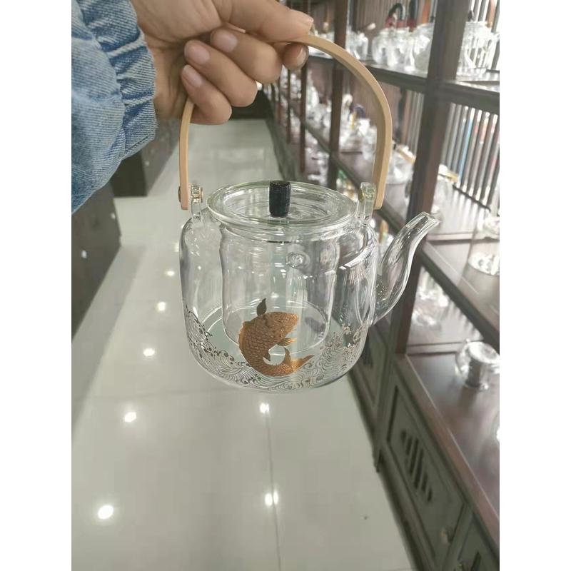 高硼硅玻璃透明煮茶壶提梁烧水壶电陶炉蒸煮两用壶一壶双胆泡茶壶