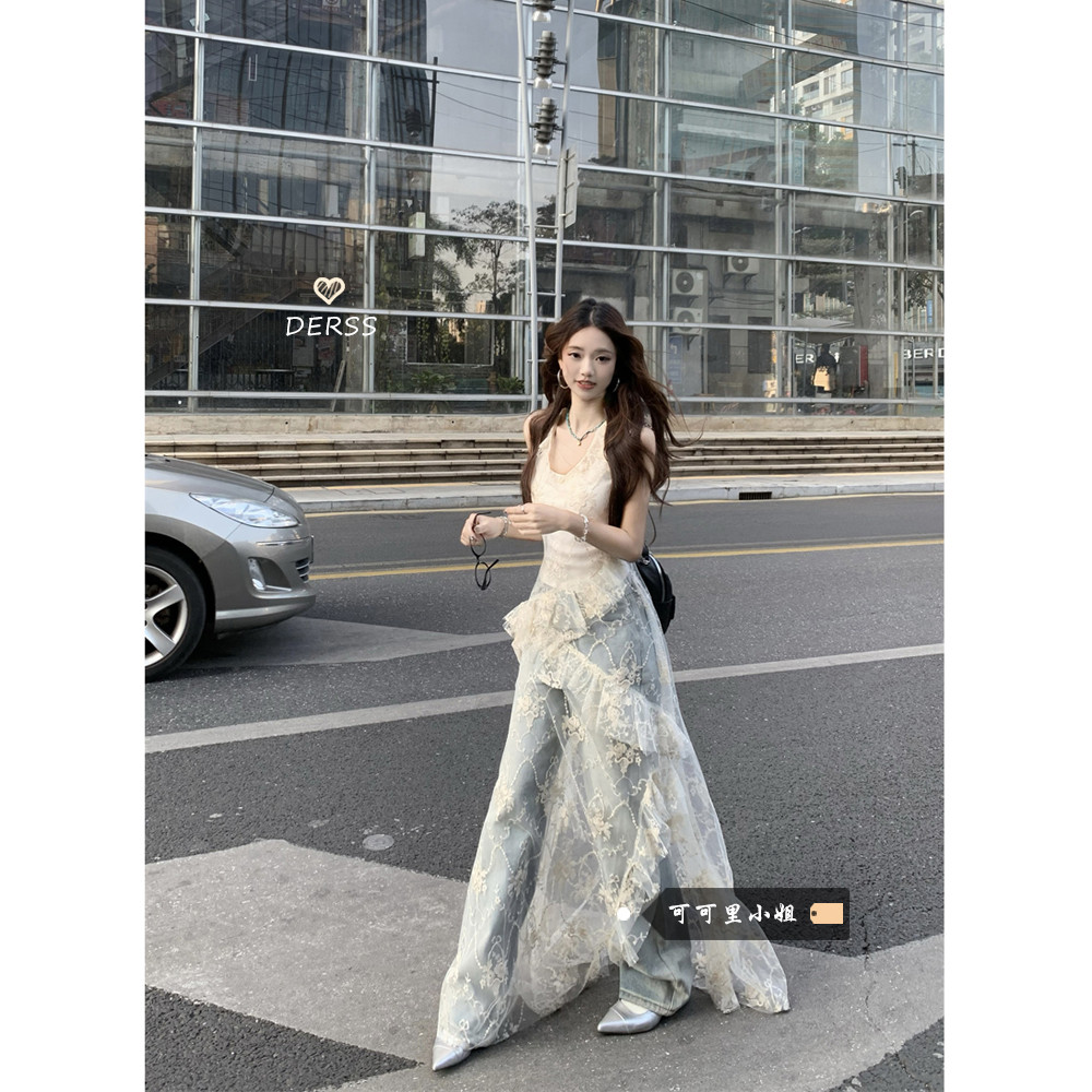 荷叶边开叉蕾丝连衣裙女2025春季新款气质叠穿透视别致吊带长裙潮