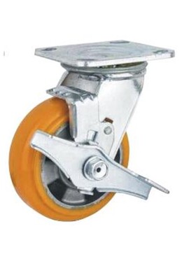 厂家6寸8寸重型铝静音pu边平板活动及刹车轮子芯橙色边工业脚轮