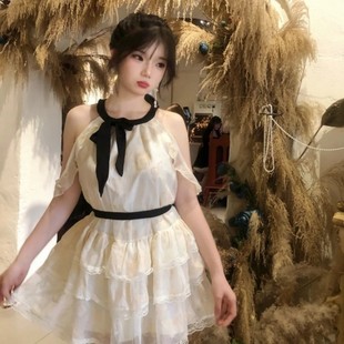 收腰显瘦日常海边度假连 新品 新款 蕾丝甜美仙女公主蓬蓬裙法式 夏季