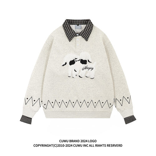 cuwu毛绒游牧小羊假两件polo领卫衣女男春季宽松休闲情侣翻领上衣