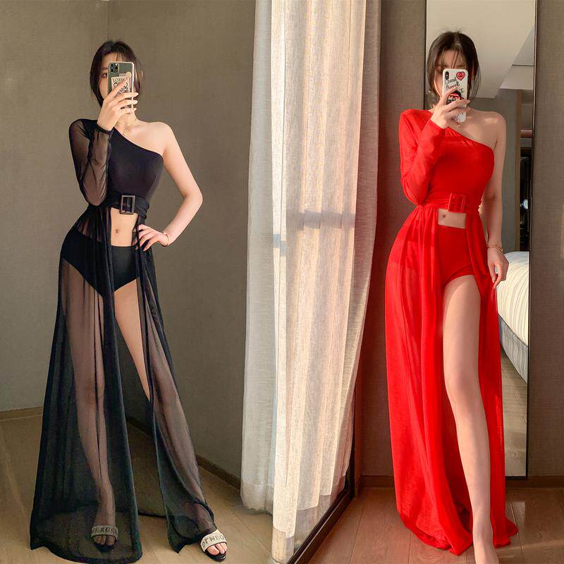 dj服装女夜店酒吧女歌手ds新款团队红色斜肩拖尾大气
