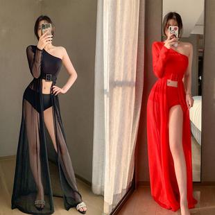 dj服装女夜店酒吧女歌手ds新款团队红色斜肩拖尾大气