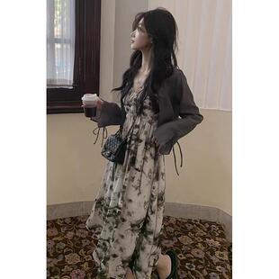 高货夏装 吊带长裙扎染碎花连衣裙两 搭配一整套小个子时尚 防晒开衫