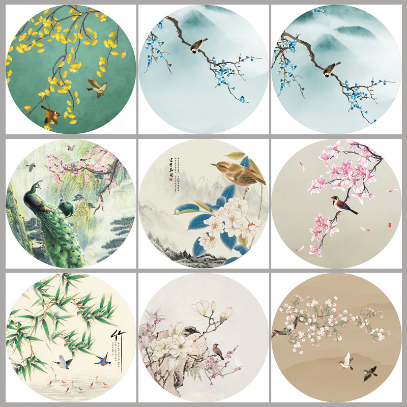 新中式圆形装饰画玄关花鸟花卉壁画客厅沙发背景墙壁画背胶粘贴画图片