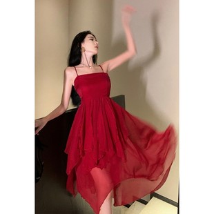 飘逸仙气连衣裙夏季 新品 红色沙滩裙海边度假旅游穿搭高腰不规则吊