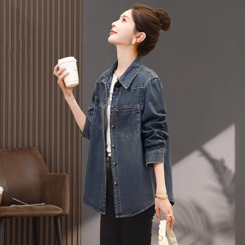 蓝色牛仔衬衫女款2025春装新款宽松中长款叠穿休闲polo领衬衣