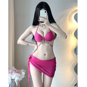 爆款 黑色性感小胸聚拢加厚带钢托钻链比基尼度假温泉三件套泳衣女