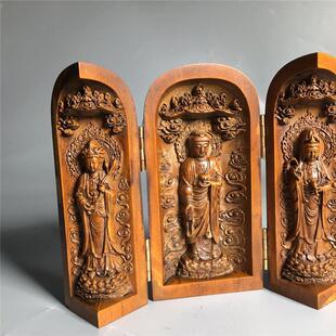 古玩杂项仿古福禄寿旧黄杨木工艺品开盒佛龛做摆件
