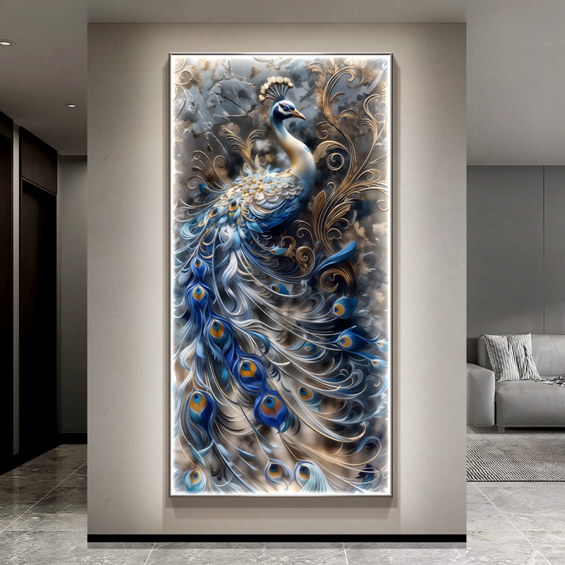 高级感孔雀玄关装饰画入户正对门挂画轻奢走廊过道墙壁灯画寓意好图片