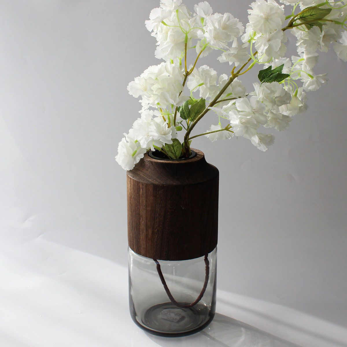 插花器烟灰色干花瓶加厚家居摆件玻璃花瓶高级感木质底座装饰原色,家居饰品,装饰摆件,淘宝优惠券,粉丝福利购,淘宝优惠卷