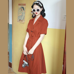 必败款~法式收腰气质衬衫裙墨绿色橘黄色通勤V领