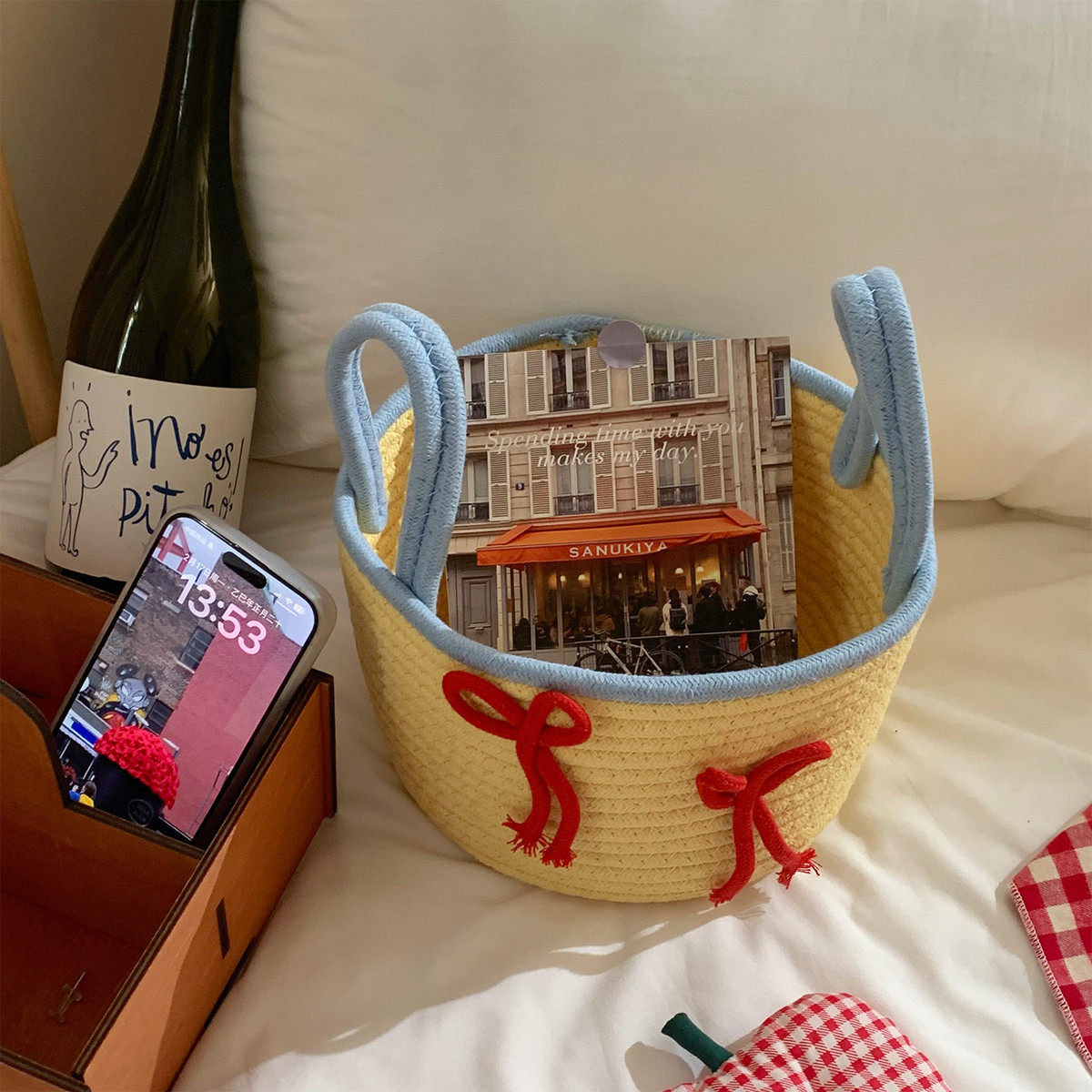 手提编织收纳筐可爱桌面杂物收纳篮电视柜储物篮野餐零食小篮子