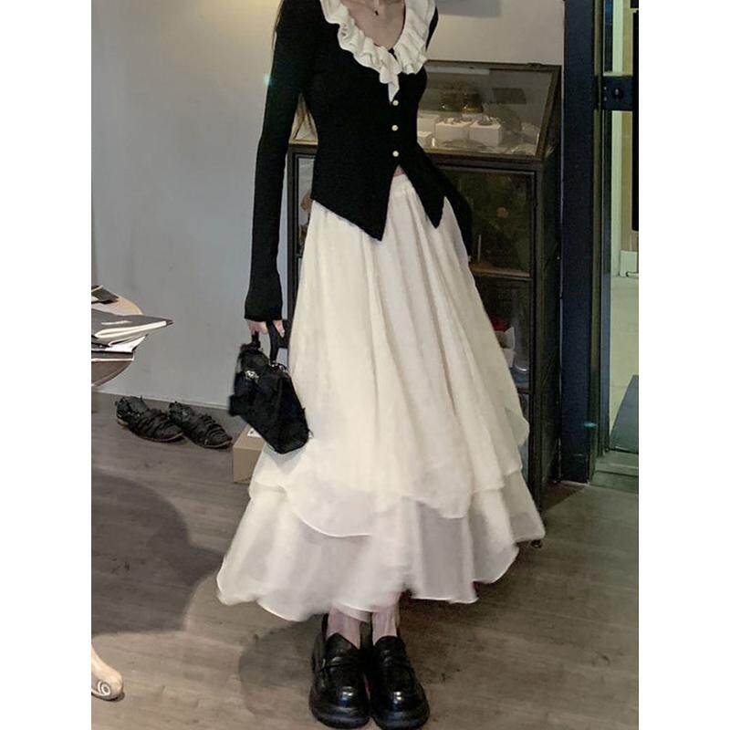 速发美拉德小个子穿搭针织开衫毛衣外套网纱半身裙两件套装连衣裙