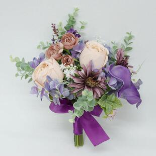 艺雅阁607家居紫色婚礼花艺马蹄莲香槟玫瑰仿真花花束新娘手捧花