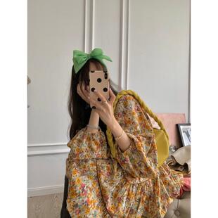 度 速发高品质法式 复古宽松显瘦灯笼袖 a字碎花桔梗裙长袖 甜美短款
