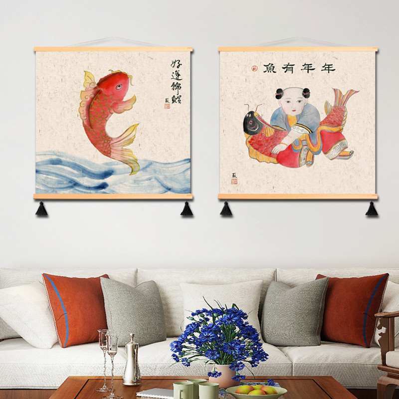 新中式好运锦鲤鱼装饰画中国风挂画电表箱遮挡画年年有鱼墙画厨房图片