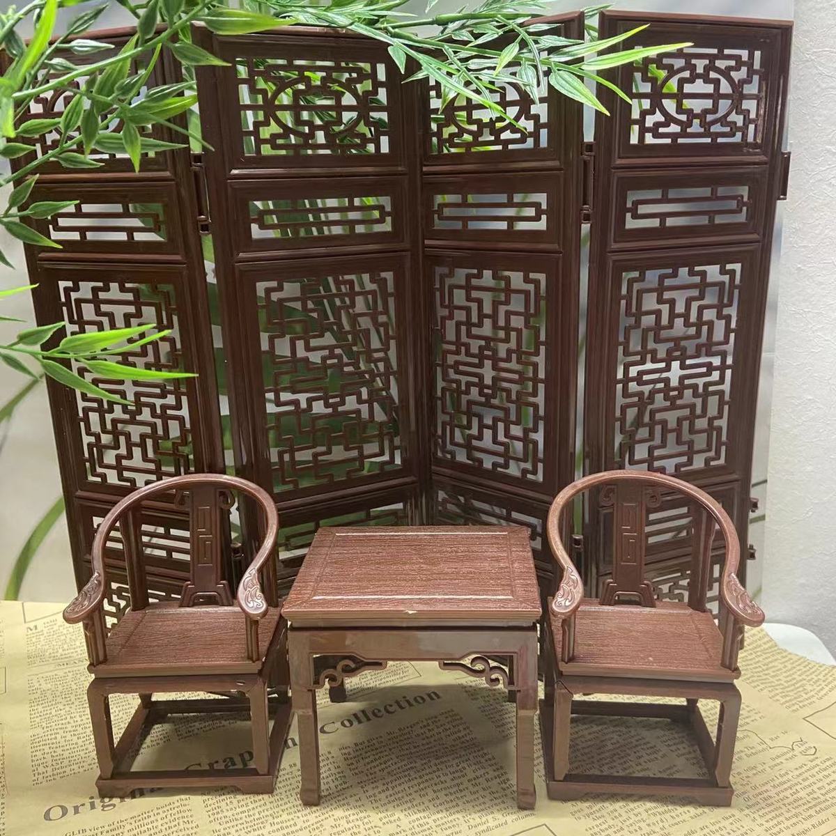 古风拍照迷你摆件模型微缩家具小圈椅官桌子屏风摆件复古全套