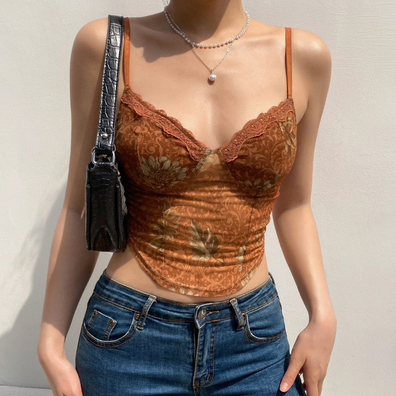 枫叶印花辣妹吊带背心带胸垫内搭春夏法式设计感小众外穿短上衣女