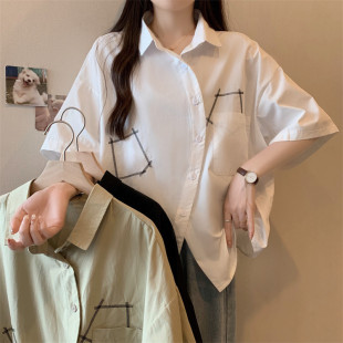 黑色刺绣短袖 女夏季 新品 衬衫 胖mm显瘦遮肚子polo上衣 2025新款 大码