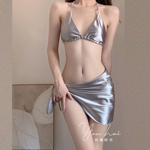 泳衣女缎面性感比基尼裹裙三件套小胸聚拢三点式 爆卖新款 分体三角