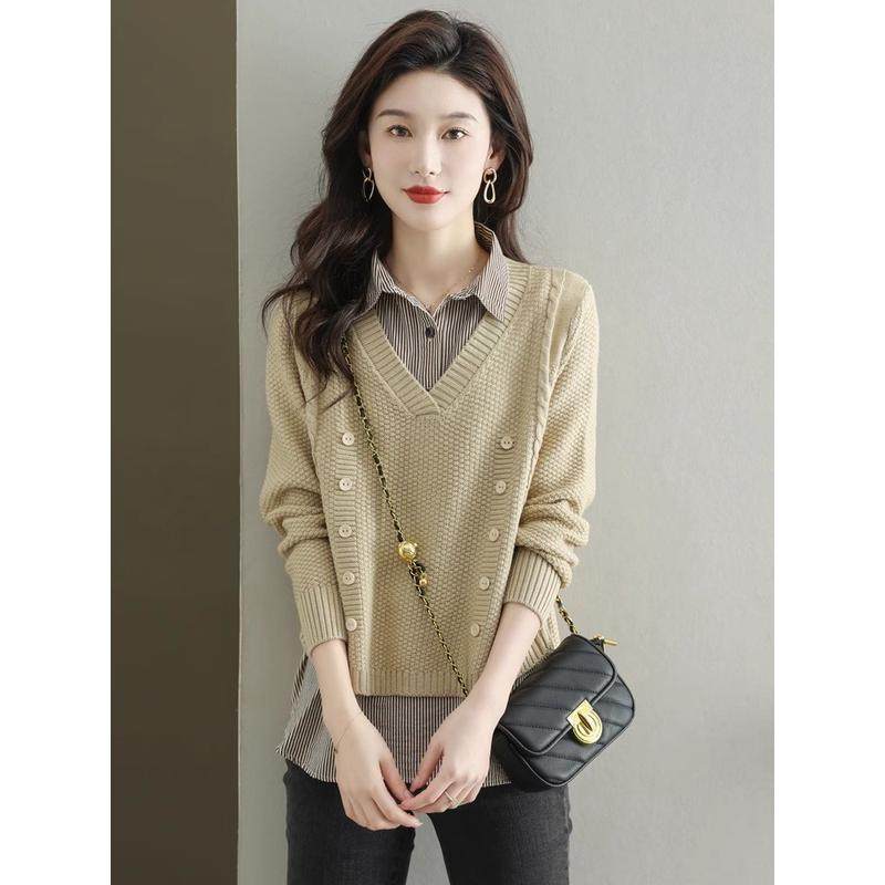 秋装衬衫领毛衣女假两件衫时尚洋气打底衫秋冬季2023新款,女装/女士精品,真丝上装,淘宝优惠券,粉丝福利购,淘宝优惠卷