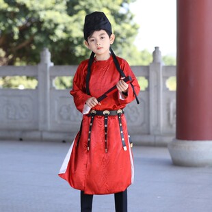 男童圆领袍儿童红色国风过年服宝宝周岁唐朝李白服饰