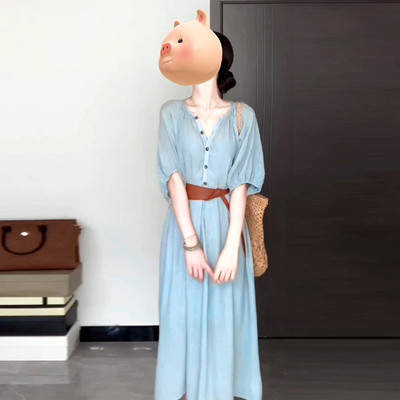 法式蓝色v领衬衫连衣裙子女