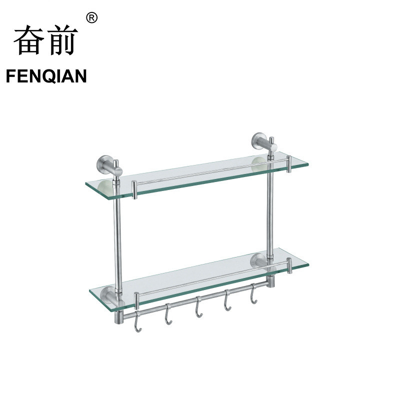 钢化玻璃浴室置物架 304不锈钢卫生间带钩多用双层托架 a1023热销