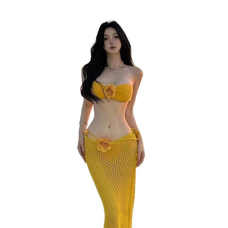 比基尼泳衣女2025新款泰国绝美黄色分体三件套性感长裙海岛度假风