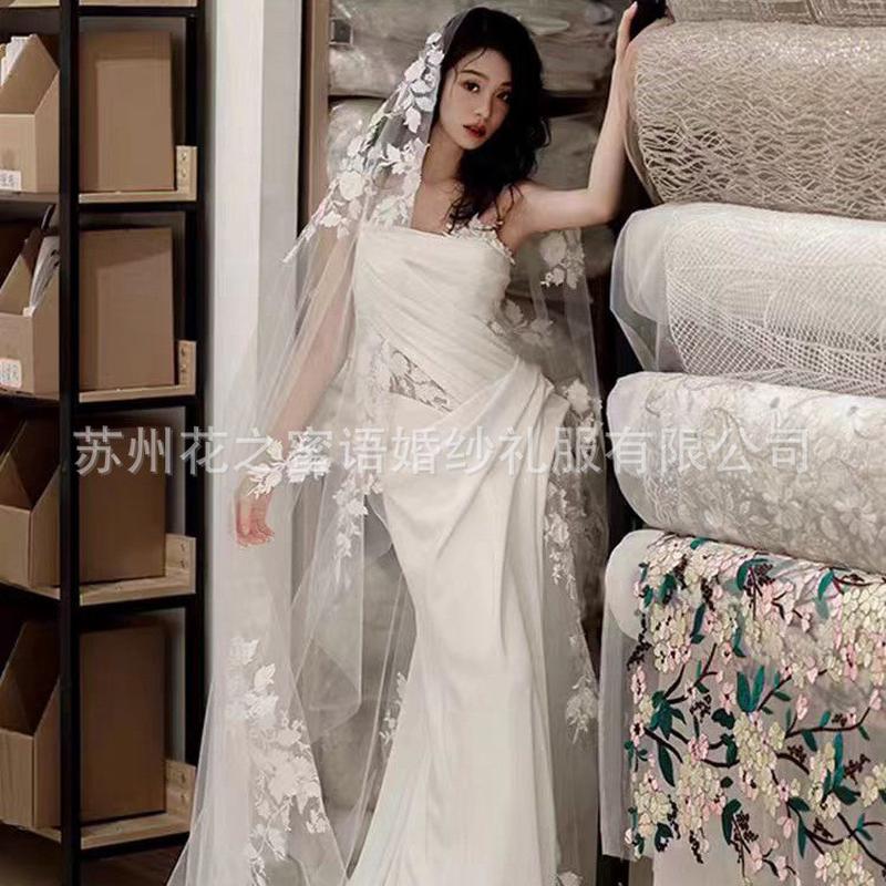 新娘结婚头纱长款法式抹胸鱼尾裙婚纱礼服头饰拍摄婚纱照写真发饰