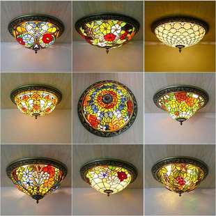 地中海蒂凡尼美式吸顶灯 卧室阳台创意玻璃 过道走廊田园玄关灯