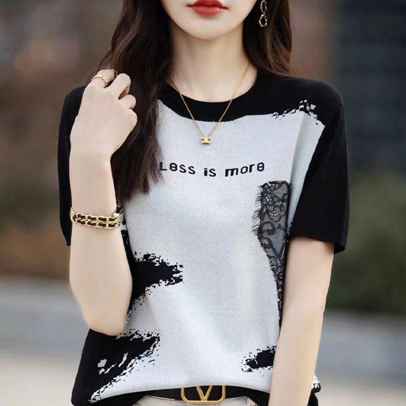 夏季新款女装曲珠冰麻丝短袖女针织衫T恤女圆领蕾丝水墨复古,女装/女士精品,毛针织衫,淘宝优惠券,粉丝福利购,淘宝优惠卷