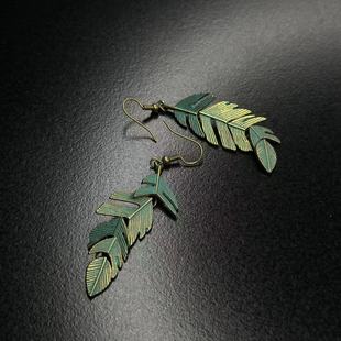 中古vintage金属感绿色树叶耳钉耳夹高级感波西米亚风 西柚氧