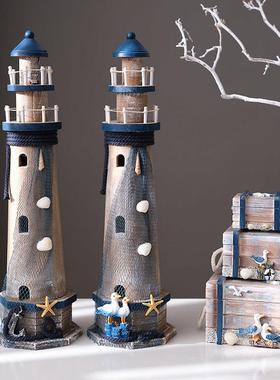 地中海风格灯塔木质做旧木塔海洋风组合灯塔摆件桌面复古装饰摆设