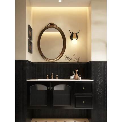 简约覆古LED卫浴镜壁挂轻奢卧室中古化妆镜子玄关椭圆挂墙装饰镜