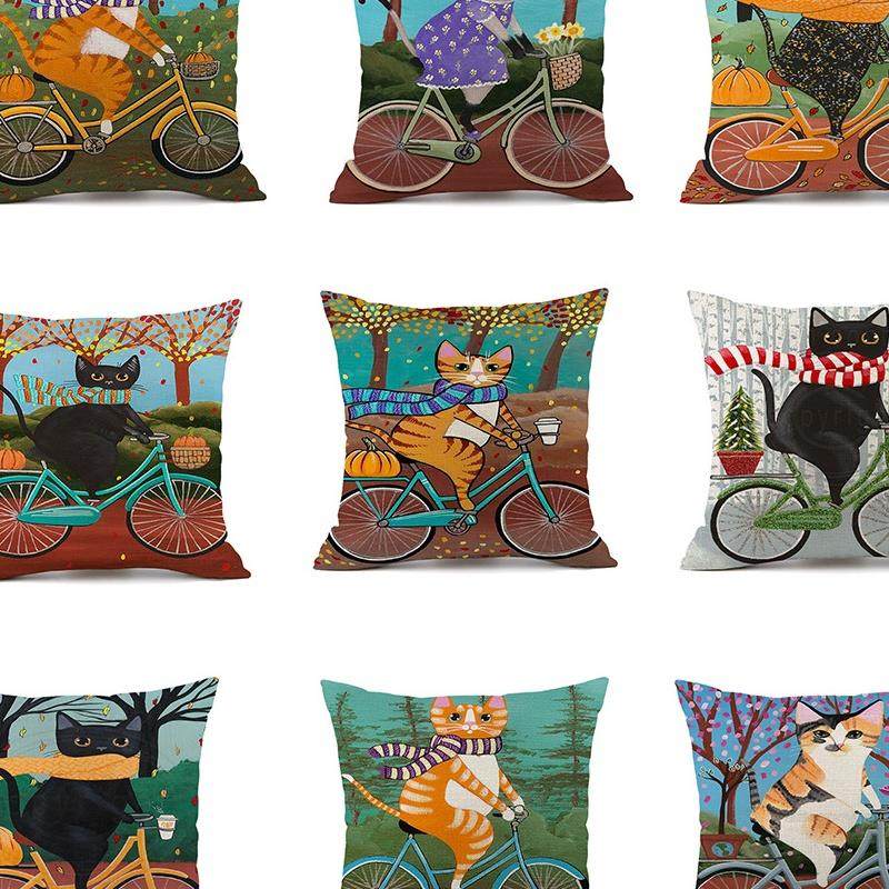 跨境新款卡通黑白猫咪骑自行车沙发亚麻抱枕套汽车靠垫厂家