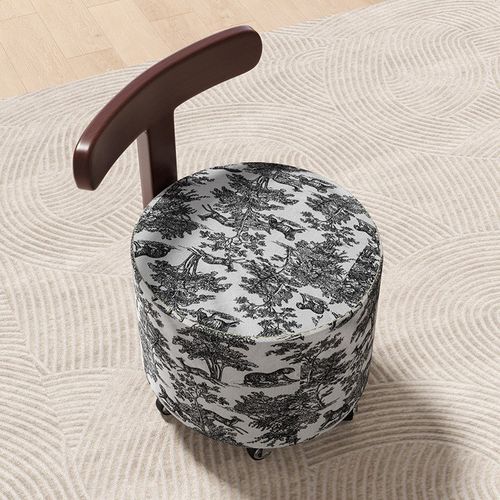 国风T字靠背滑轮凳家用复古油画矮凳换鞋凳梳妆凳客厅沙发圆凳子