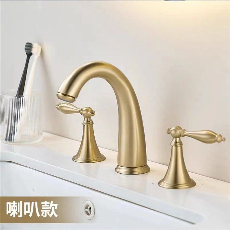 欧式全黄铜三孔面盆龙头分体式卫生间拉丝金洗手洗脸盆冷热水龙头,家装主材,浴缸龙头/淋浴龙头,淘宝优惠券,粉丝福利购,淘宝优惠卷