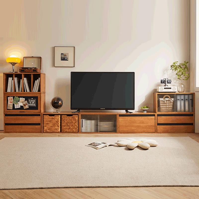 实木电视柜收纳储物柜一体组合墙靠墙书架家用客厅2024新款落地