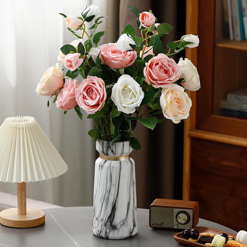 大理石纹陶瓷花瓶摆件客厅插花玫瑰花假花电视柜花艺摆设北欧轻奢