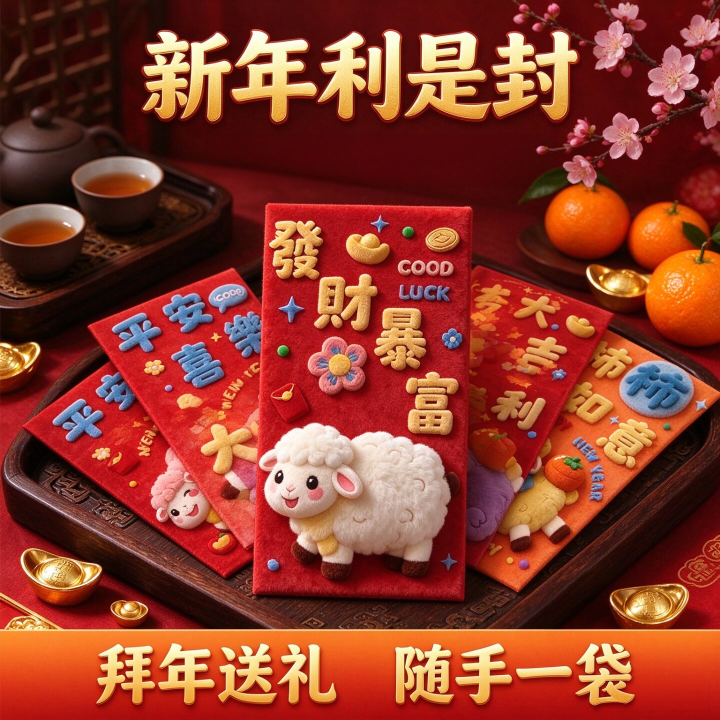 2027羊年3D仿刺绣毛绒利是封