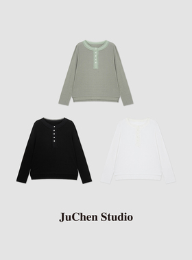 LIBOSHU天丝醋酸混纺坑条肌理感亨利领显瘦长袖T恤SS123396