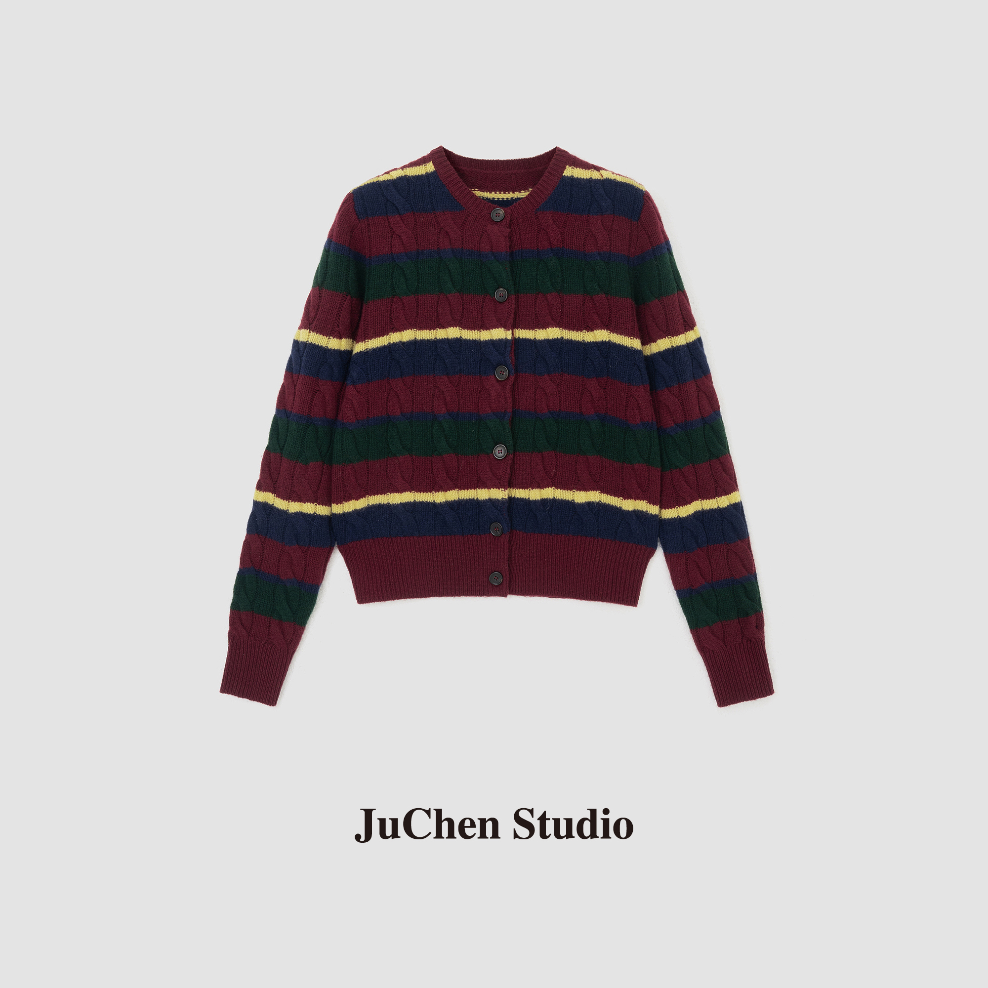 复古洋气拼色条纹绞花针织开衫